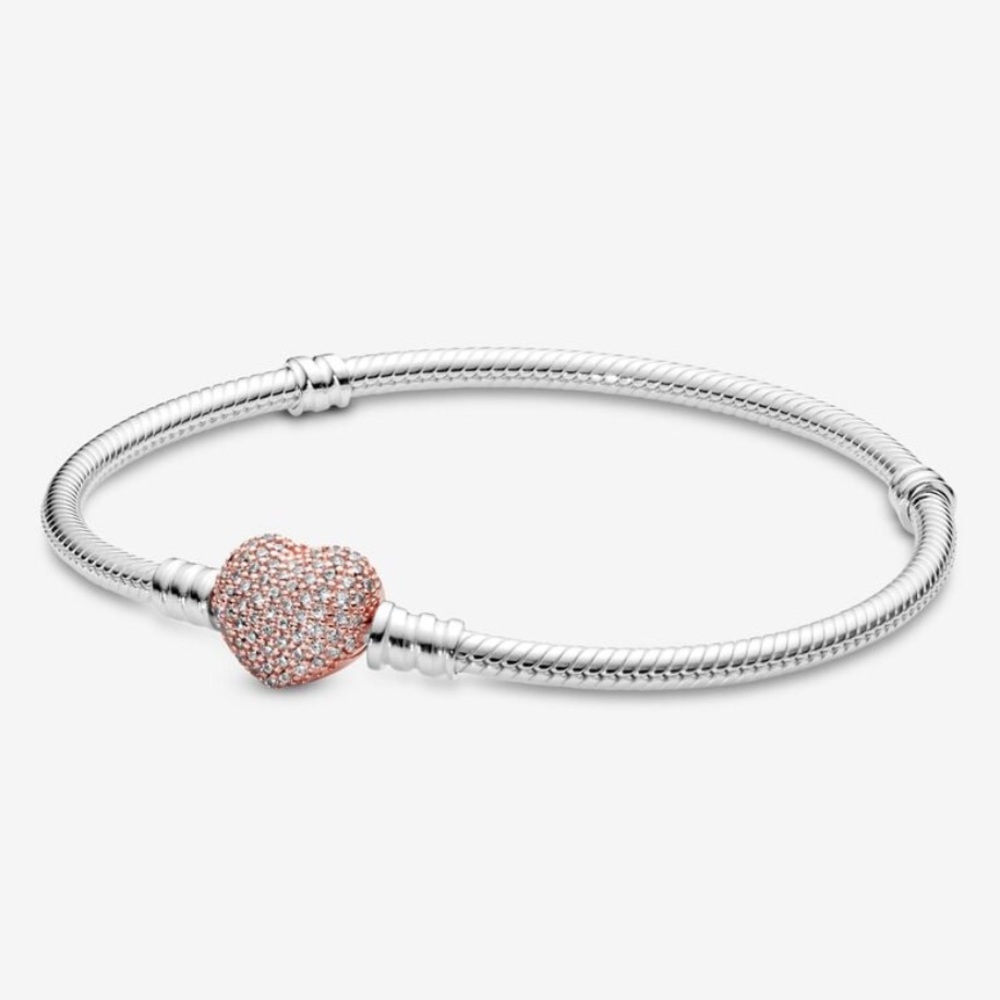 NWOT Moments Pavé Heart Clasp Snake Chain Bracelet Sterling Silver 925